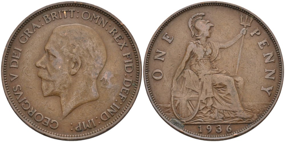 Великобритания 1 пенни 1936 Георг V (1910-1936) KM 838, Spink 4055 бронза 3855-835