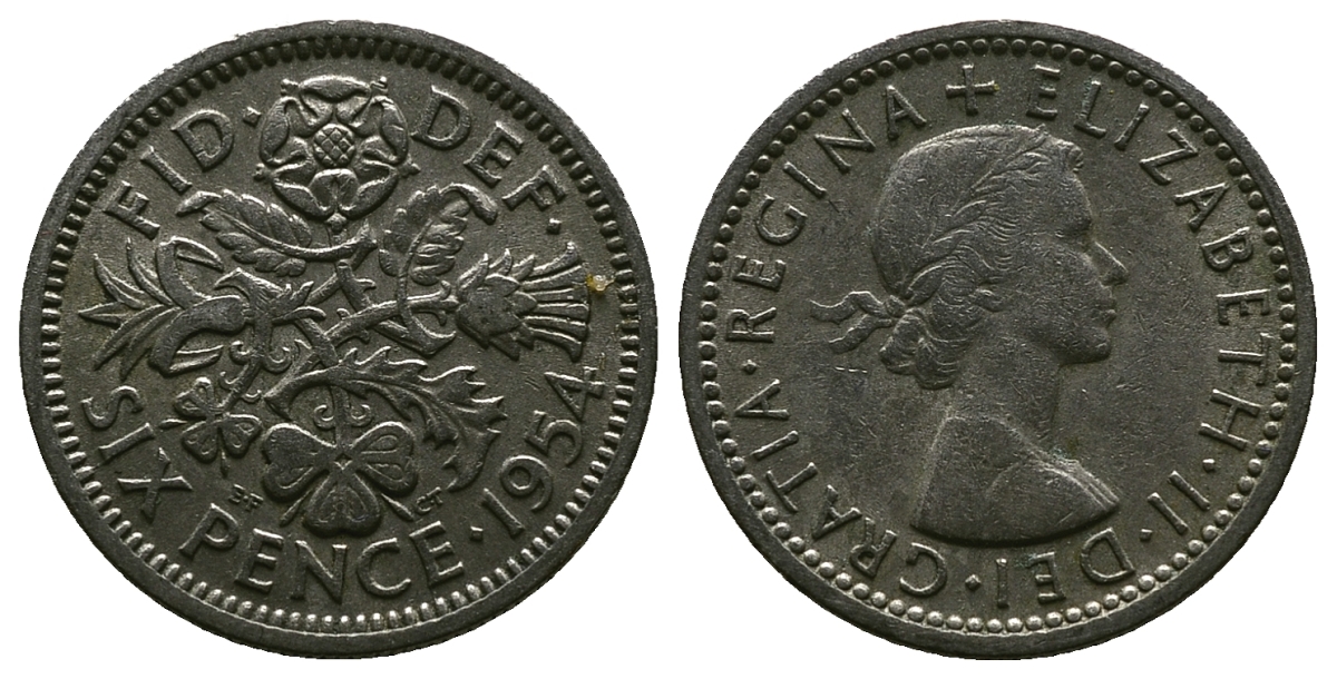 Великобритания 6 пенсов 1954 Елизавета II (1952-2022) KM 903, Spink 4149 медно-никель 4381-642