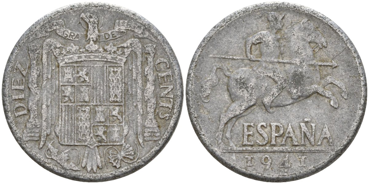 Испания 10 сентимо 1941 Франсиско Франко (1939 - 1975) KM 766 алюминий 4155-223