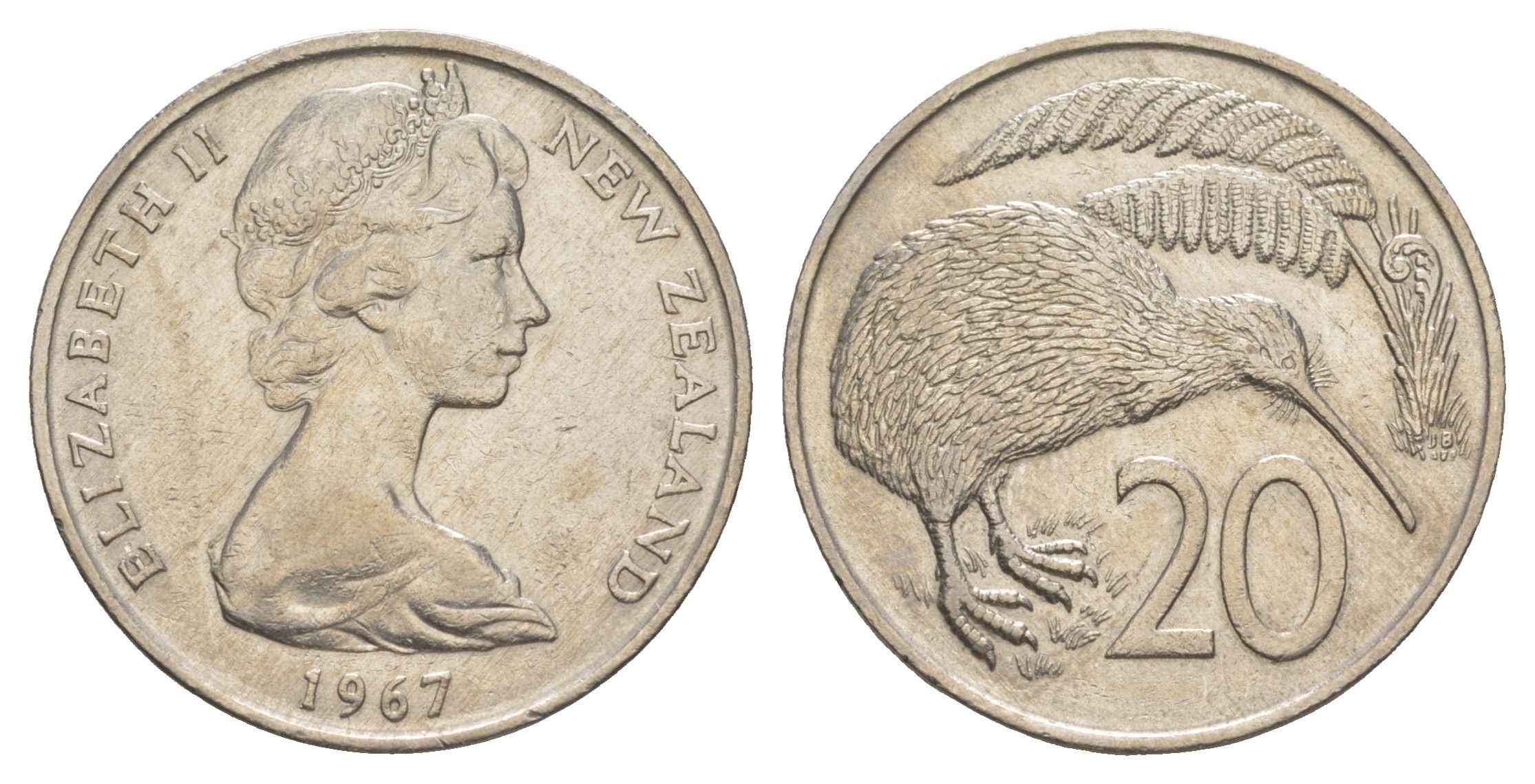 Новая Зеландия 20 центов 1967 Елизавета II (1952-2022), птичка киви KM 36 медно-никель 93-516