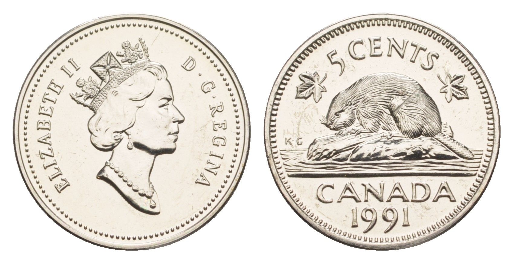 Канада 5 центов 1991 Елизавета II (1952-2022), бобр KM 182 медно-никель PROOF-LIKE (BU) 4639-518