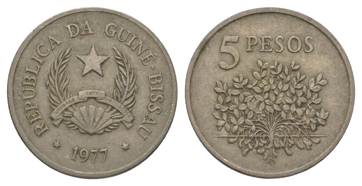 Гвинея-Бисау 5 песо 1977 KM 20 медно-никель 4626-537