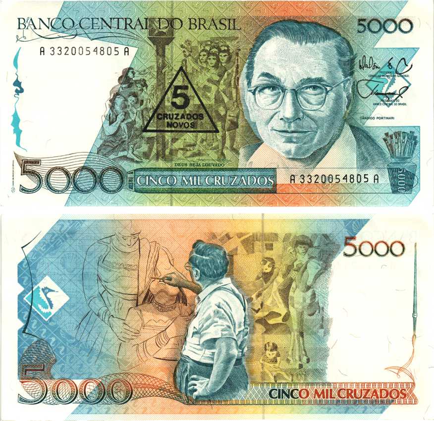 БРАЗИЛИЯ 5 КРУЗАДО НОВО 1989 НАДПЕЧАТКА НА 5000 КРУЗАДО, СЕРИЯ 3320, ПОДПИСЬ 26 Pick 217а бумага аUNC 8589-11-1-1