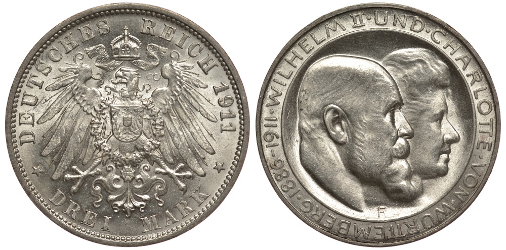 Вюртемберг 3 марки 1911 F, серебрянная свадьба Вильгельма II и Шарлотты Weege 173a, J. 177a, KM 636 серебро UNC 413-5614