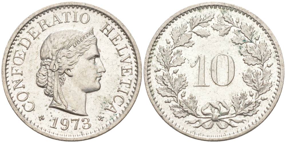 Швейцария 10 раппенов 1973 KM 27 медно-никель 55-445