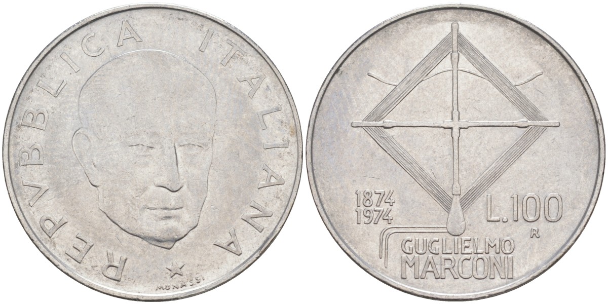 Италия 100 лир 1974 R, 100 лет со дня рождения МАРКОНИ KM 102 нержавеющая сталь 3855-1143