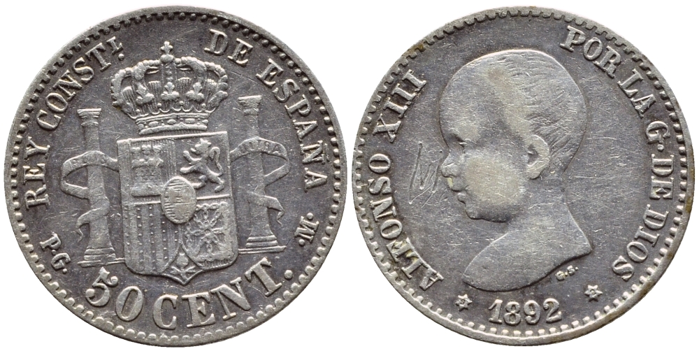 ИСПАНИЯ 50 СЕНТИМО 1892 (92) PG-M, АЛЬФОНСО XIII KM 690 серебро 443-535