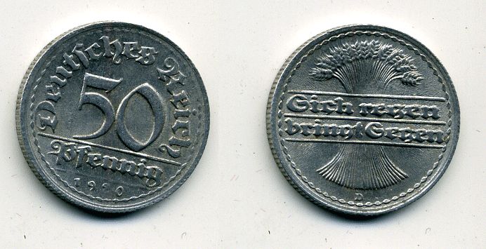 ГЕРМАНИЯ 50 ПФЕННИГОВ 1920 D KM 27, J. 301 алюминий 41-644
