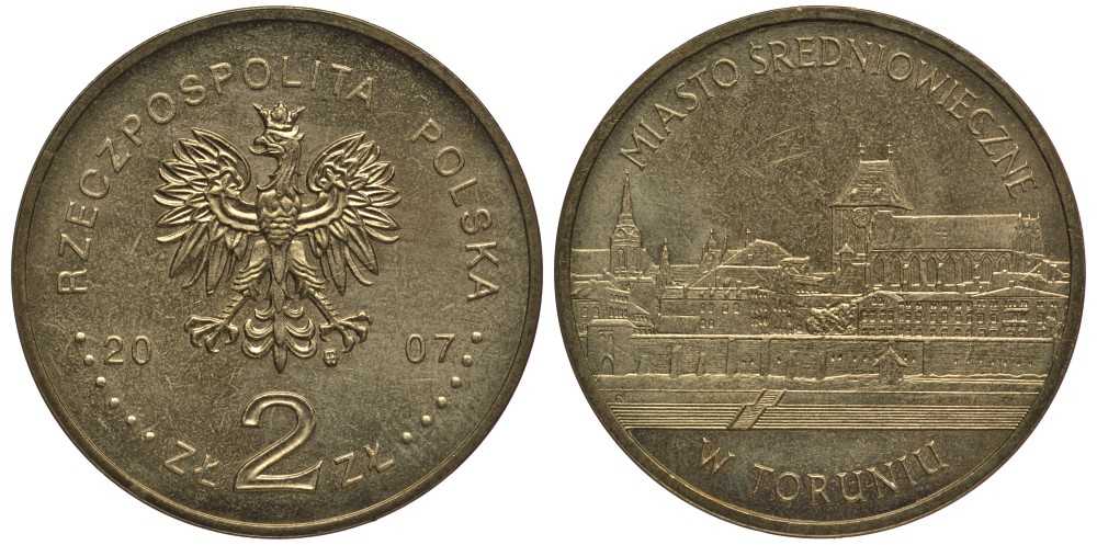 Польша 2 злотых 2007 MW, средневековое место в Торуне (TORUNIO) KM 622 латунь 114-315