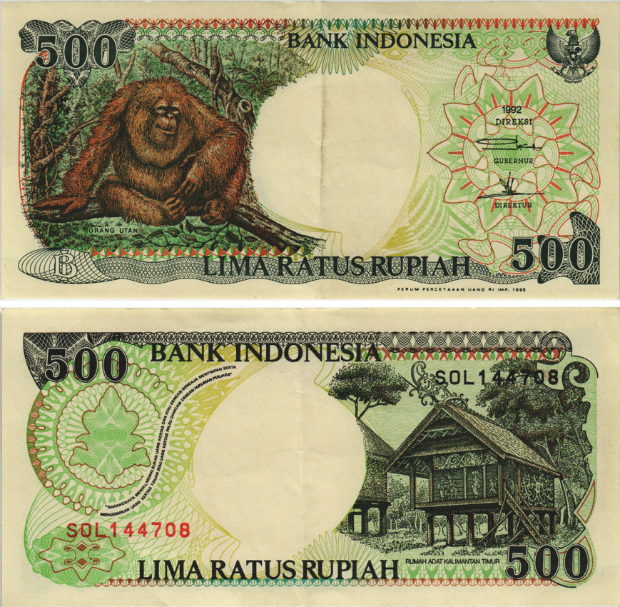 ИНДОНЕЗИЯ 500 РУПИЙ 1992/1995 ОРАНГУТАН, КАЛИМАНТАНСКИЙ ДОМ Pick 128d бумага 8604-50-4-1