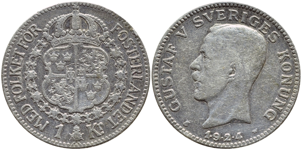 Швеция 1 крона 1924 1.9.2.4 W, Густав V (1907-1950) KM 786.1 серебро 1530-925