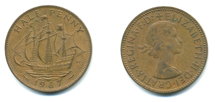 Великобритания 1/2 пенни 1967 Елизавета II (1952-2022) KM 896, Spink 4158 бронза 4383-331