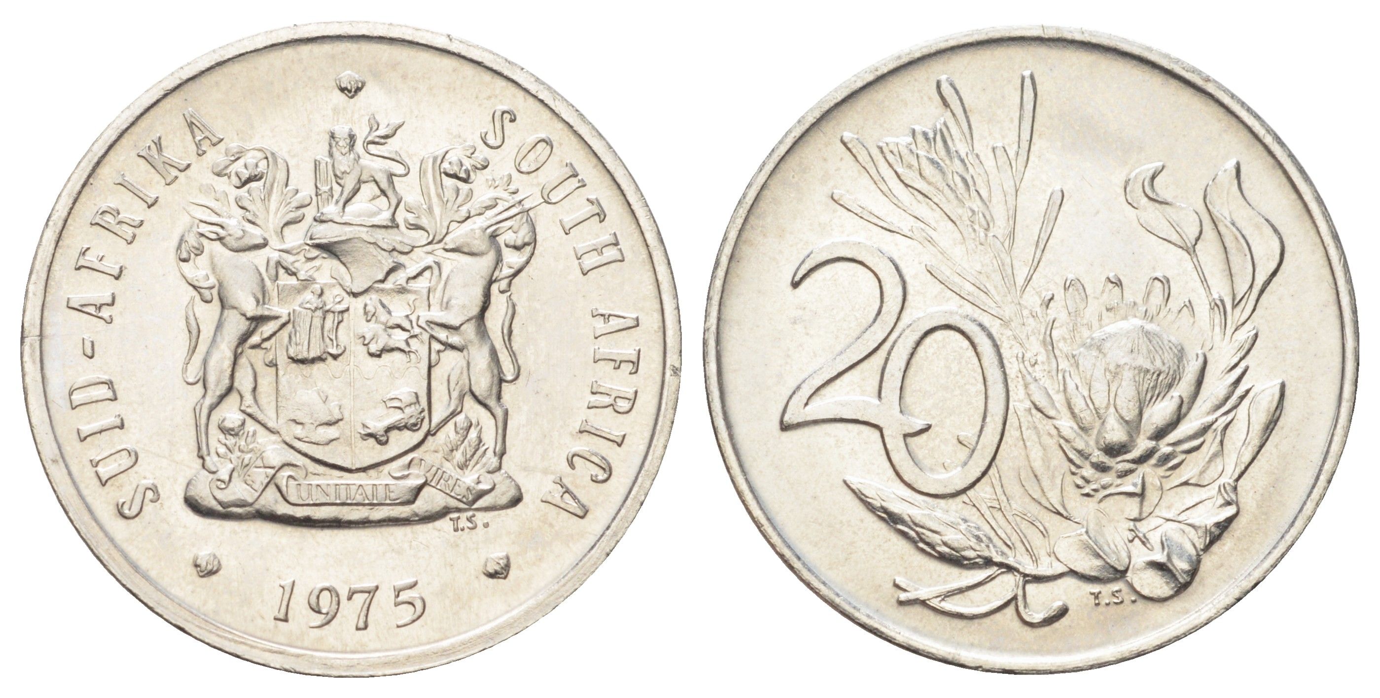ЮАР 20 центов 1975 герб, цветок протея KM 86 никель UNC 4695-1112