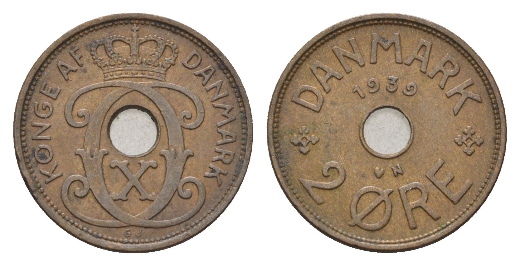 Дания 2 эре 1939 N, Кристиан X (1912-1947) KM 827 бронза 4701-867