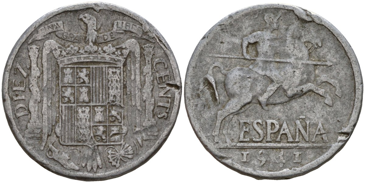 Испания 10 сентимо 1941 рыцарь на коне, Франсиско Франко (1939-1975) KM 766 алюминий 4187-842