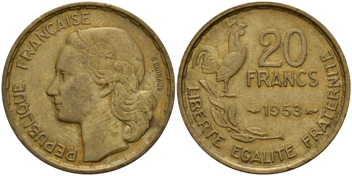 Франция 20 франков 1953 B, Петух KM 917.1 алюминиевая бронза 4159-945