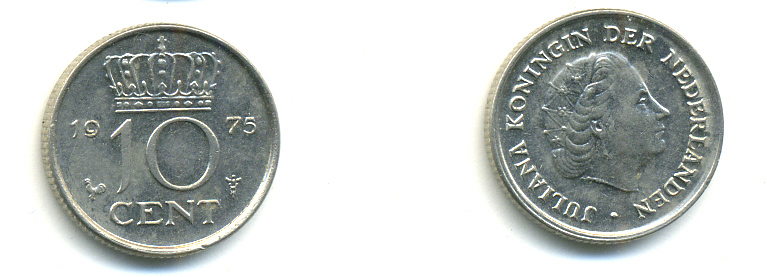 НИДЕРЛАНДЫ 10 ЦЕНТОВ 1975 ЮЛИАНА KM 182 никель 83-965