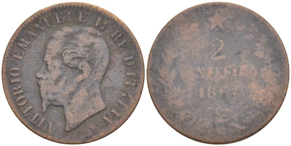 ИТАЛИЯ 2 ЧЕНТЕЗИМО 1867 N, МОНДВОР НЕАПОЛЬ, ВИКТОР ЭММАНУИЛ II (1861-1878) KM 2.2 медь 4182-1233