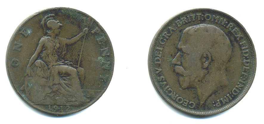 Великобритания 1 пенни 1912 Георг V (1910-1936) KM 810, Spink 4051 бронза 4383-633