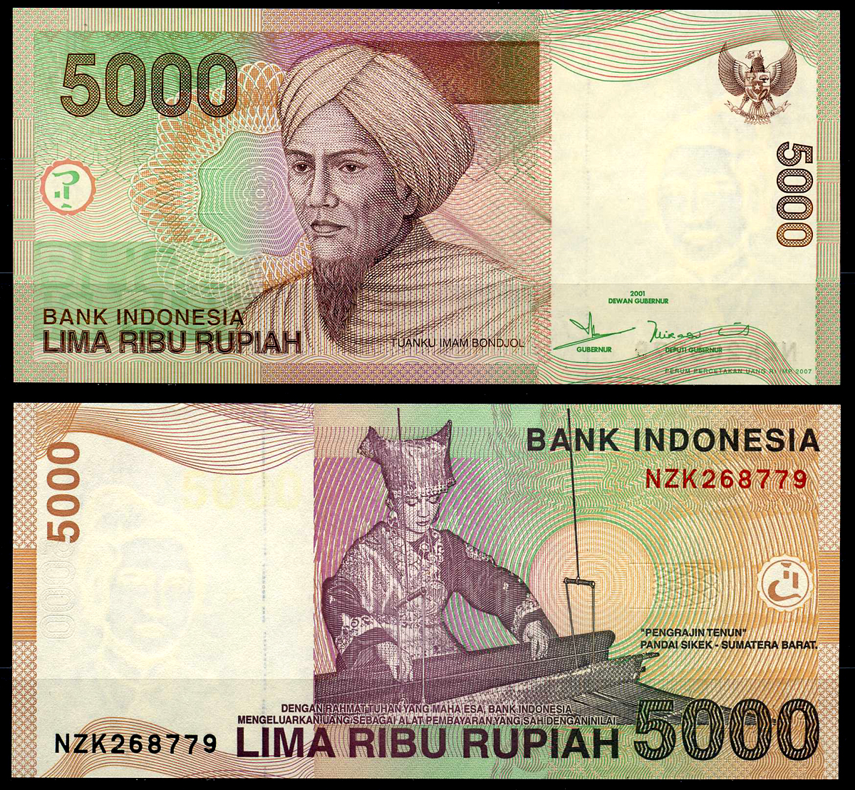 Индонезия 5000 рупий 2001/2007 Туанку Имам Бонджол, ткачиха Pick142g бумага UNC (пресс) 7201-18-3