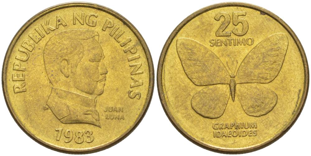 ФИЛИППИНЫ 25 СЕНТИМО 1983 БАБОЧКА, ХУАН ЛУНА KM 241.1 латунь 4544-534