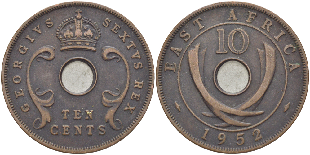 Британская Восточная Африка 10 центов 1952 Георг VI (1936-1952) KM 34 бронза 3333-1216