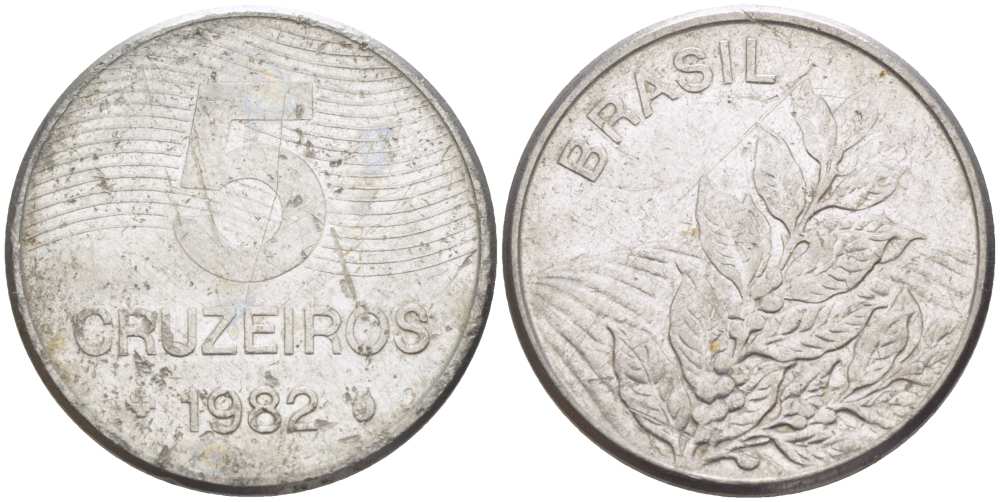 БРАЗИЛИЯ 5 КРУЗЕЙРО 1982 РЕФОРМА 1967-1985, КОФЕ KM 591 нержавеющая сталь 51-2522