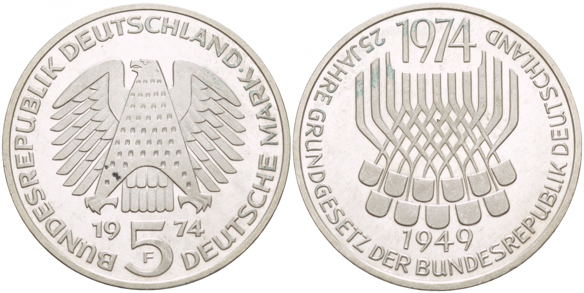 ФРГ 5 марок 1974 F, 25 лет со дня принятия конституции ФРГ KM 138, J.413 серебро UNC 4545-1123