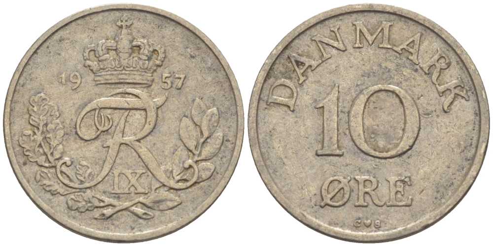ДАНИЯ 10 ЭРЕ 1957 C; S, ФРЕДЕРИК IX (1947-1972) KM 841.2 медно-никель 4387-769