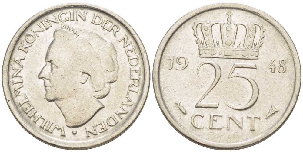 НИДЕРЛАНДЫ 25 ЦЕНТОВ 1948 ВИЛЬГЕЛЬМИНА (1890-1948) KM 177 никель 211-626
