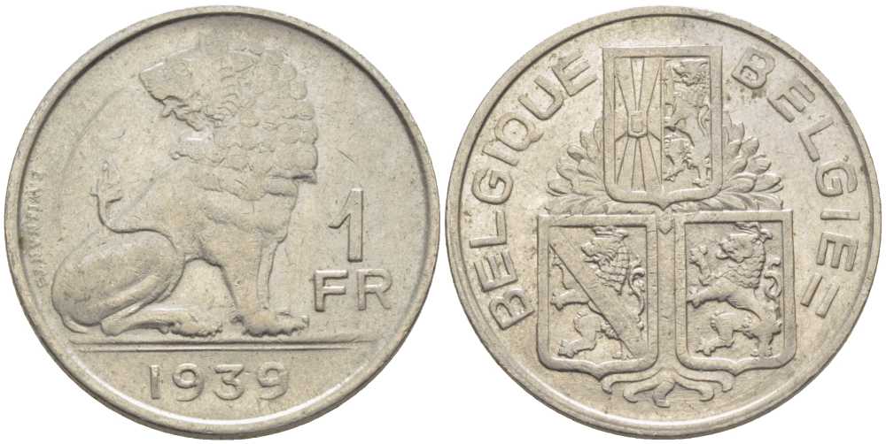 БЕЛЬГИЯ 1 ФРАНК 1939 BELGIE-BELGIQUE, ЛЕОПОЛЬД III (1934-1950) KM 120 никель 119-427