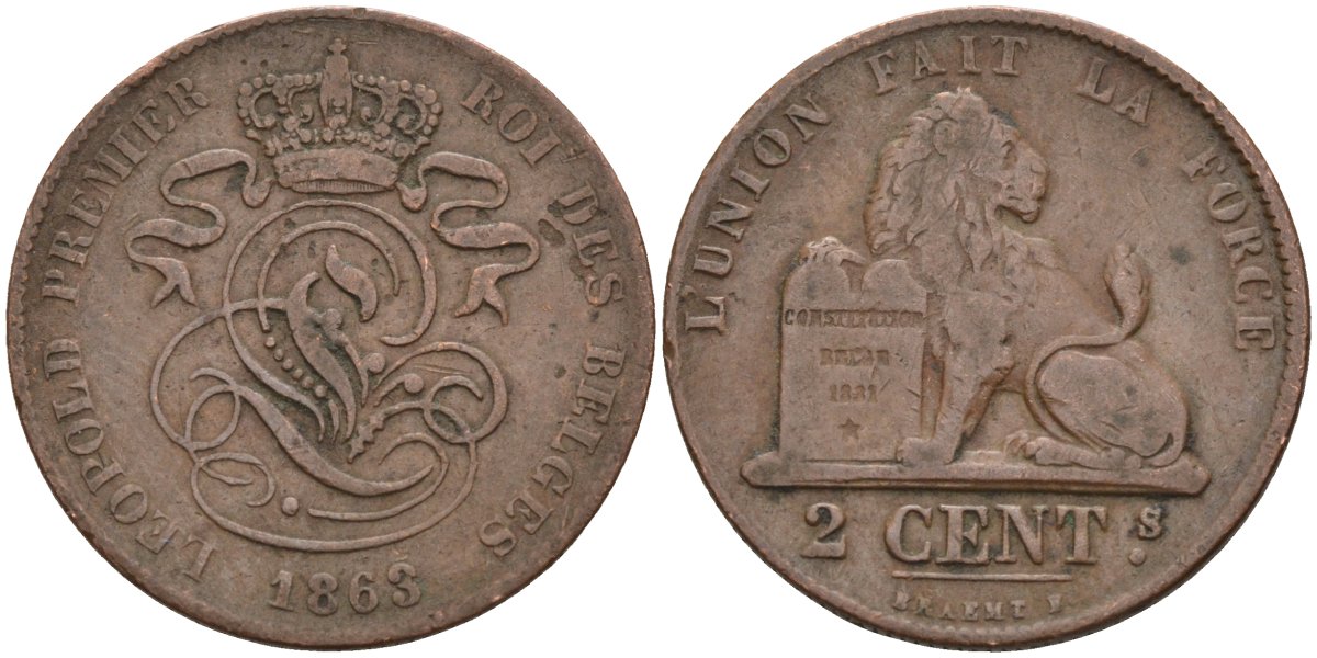 Бельгия 2 сантима 1863 BELGES KM 4.2 медь 4586-455