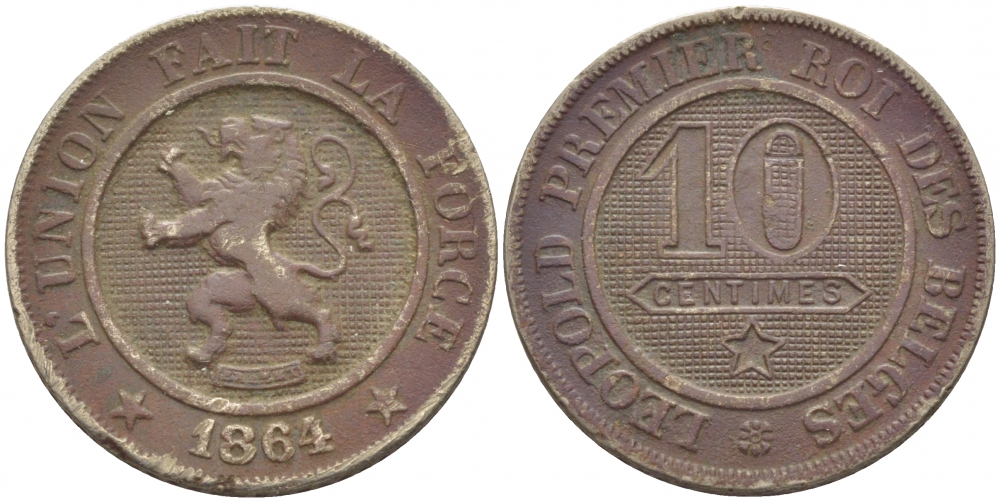 БЕЛЬГИЯ 10 САНТИМОВ 1864 BELGES KM 22 медно-никель 4448-811