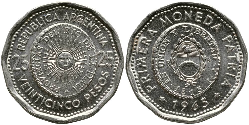 Аргентина 25 песо 1965 первая монета отчеканенная в Аргентине в 1813 году KM 61 сталь плакированная никелем 4525-956