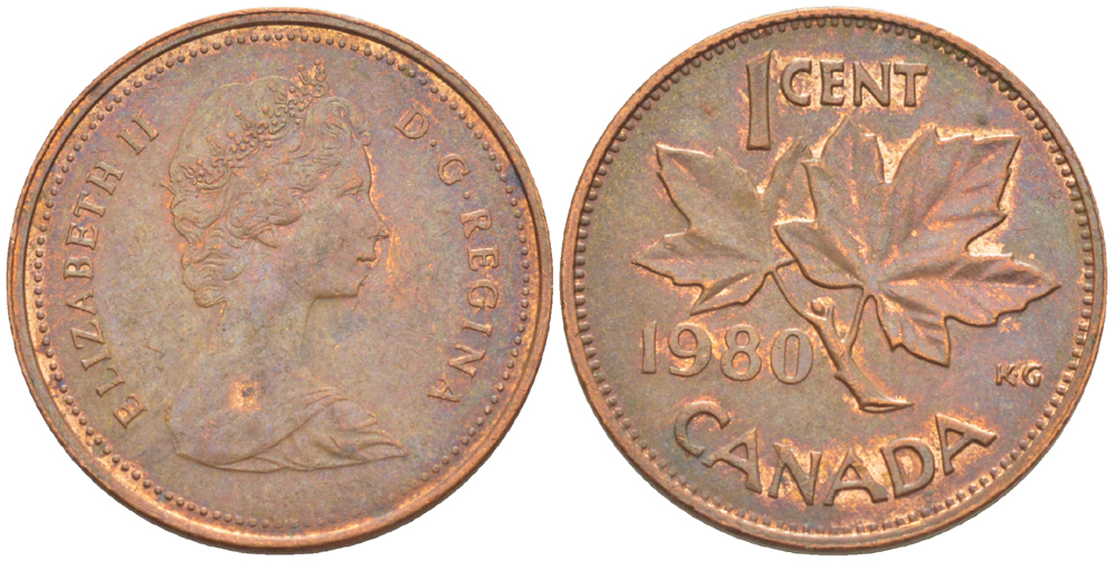 Канада 1 цент 1980 Елизавета II (1952-2022), кленовый лист KM 127 бронза 4181-1258