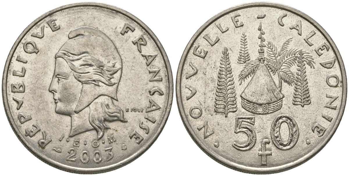 Французская Новая Каледония 50 франков 2003 хижина среди сосен и пальм, (IEOM) KM 13, Schoen 15, Lec 121 никель 111-711