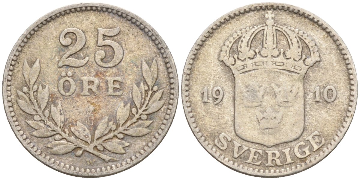 Швеция 25 эре 1910 W, Густав V (1907-1950) KM 785 серебро 4147-936