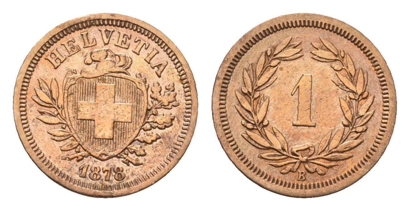 Швейцария 1 раппен 1878 B KM 3.1 бронза 1530-1143