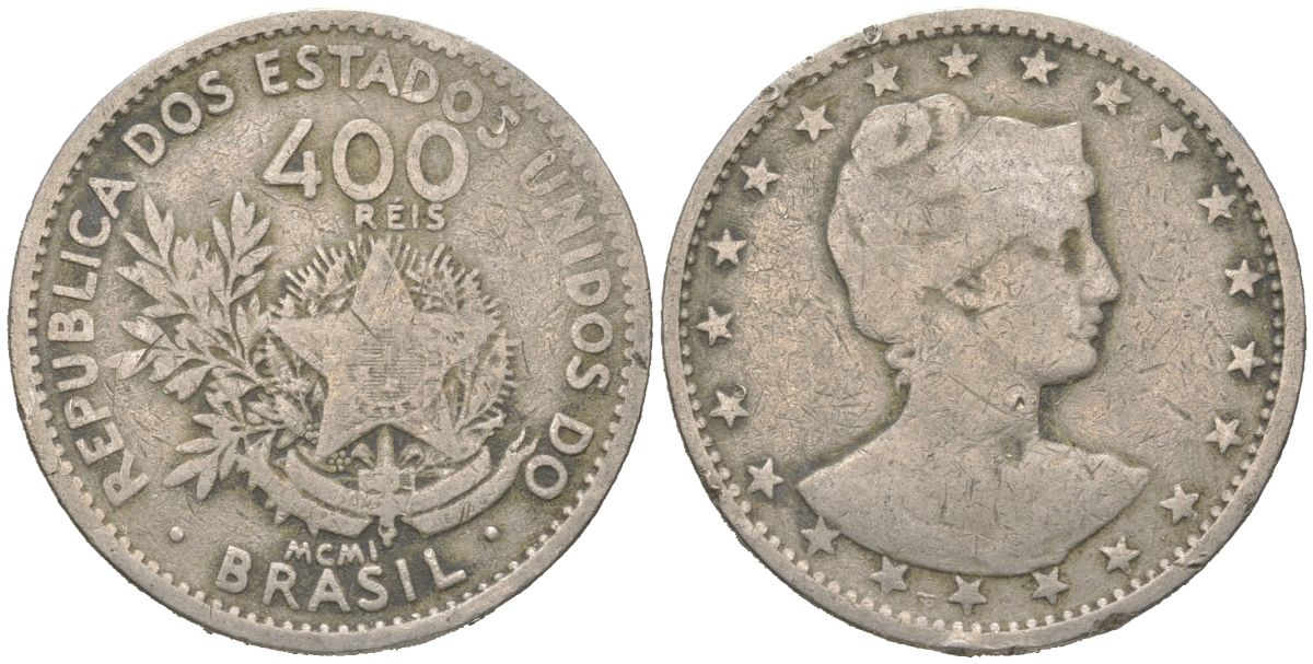 Бразилия 400 реалов 1901 MCMI, голова свободы вправо KM 505 медно-никель 4612-454