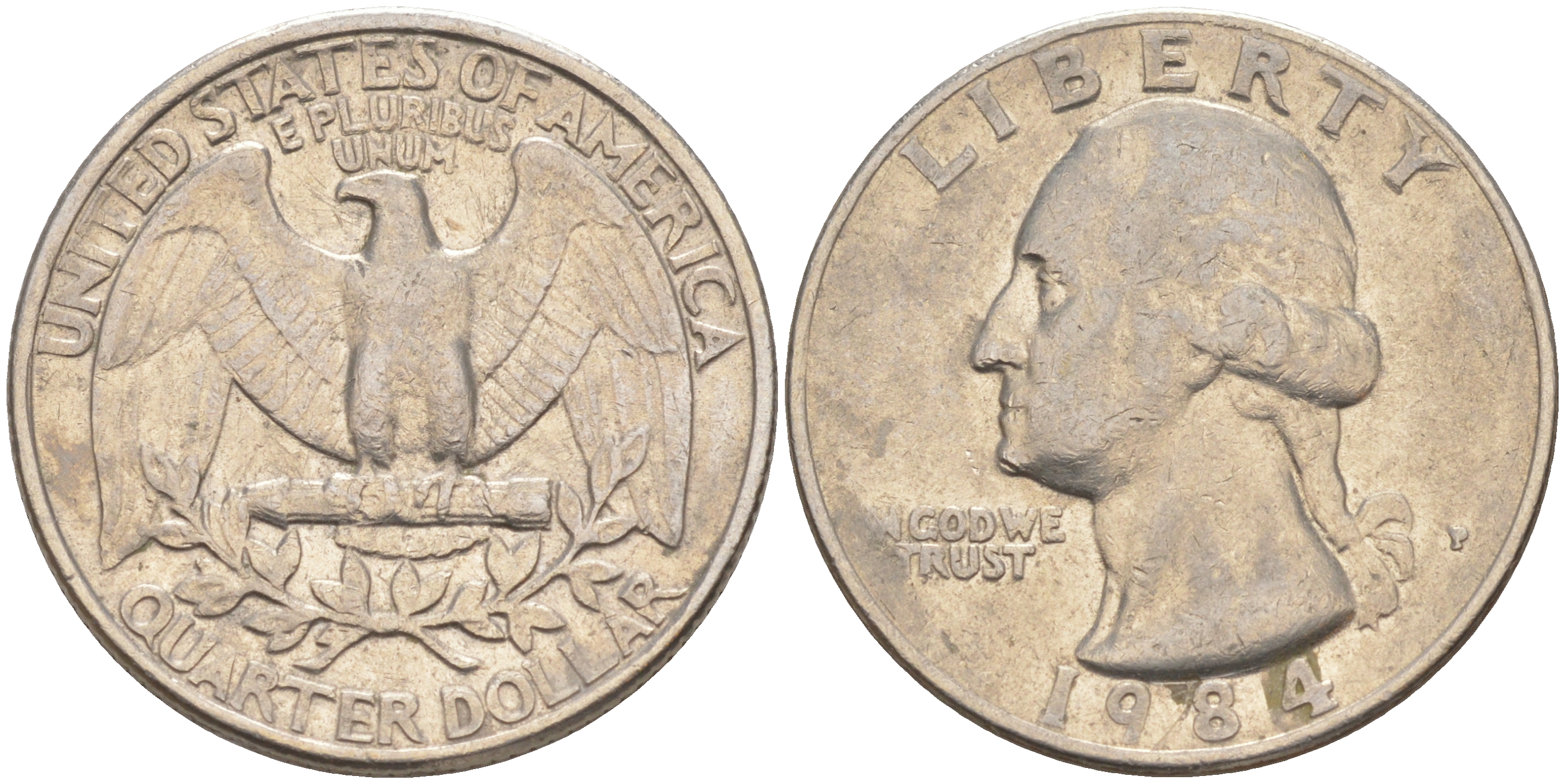 США 25 центов (квотер) 1984 P, Вашингтон KM A164a медь плакированная медно-никелем 4114-921