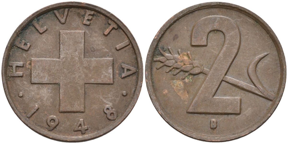Швейцария 2 раппена 1948 В KM 47 бронза 4591-512