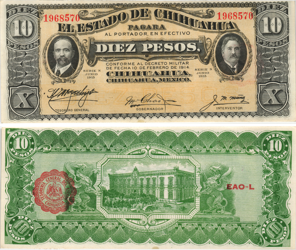 Мексика, Революция 10 песо 1915 штат Чиуауа, красная зубчатая печать Pick S535 бумага aUNC 8589-38-3