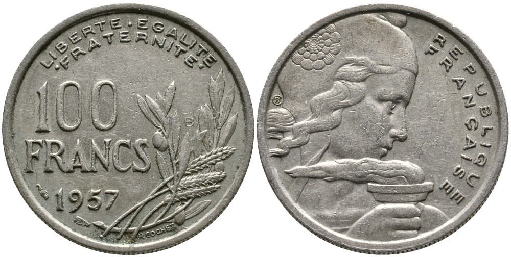 Франция 100 франков 1957 KM 919.1 медно-никель 4536-411