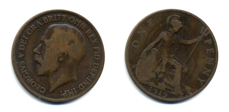 Великобритания 1 пенни 1919 Георг V (1910-1936) КМ 810, Spink 4051 бронза 47-215