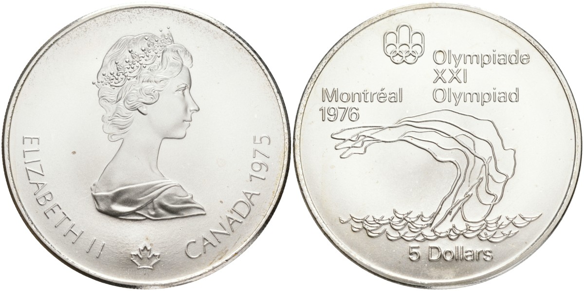Канада 5 долларов 1975 XXI летние Олимпийские игры в Монреале 1976 года, прыжки в воду KM 101 серебро UNC 1525-515