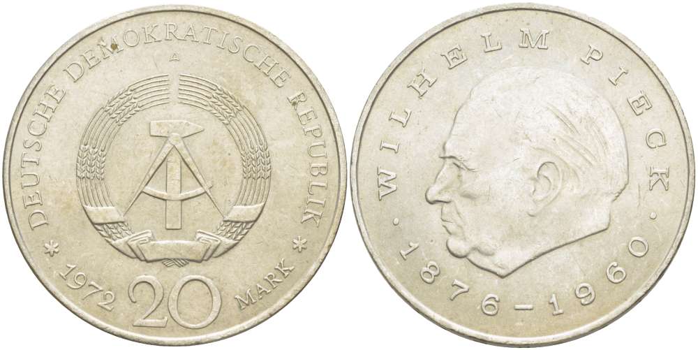 ГДР 20 марок 1972 А, Вильгельм Пик (1876-1960) KM 42 медно-никель 4521-434