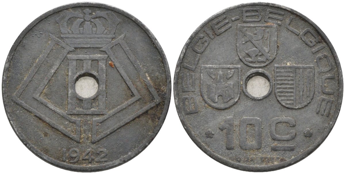 Бельгия 10 сантимов 1942 BELGIE-BELGIQUE, Леопольд III KM 126 цинк 4591-852