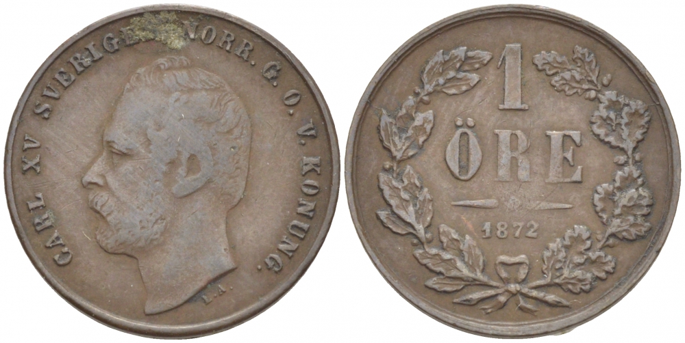 Швеция 1 эре 1872 L.A., Карл XV (1859-1872) KM 705 (490) бронза 3309-765