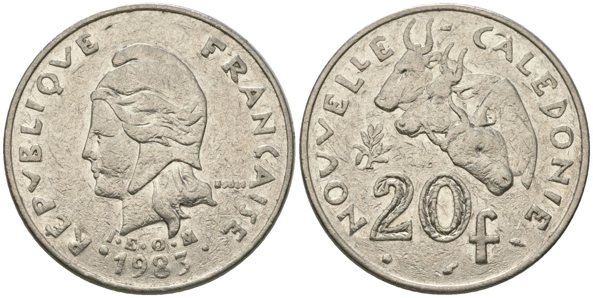 Французская Новая Каледония 20 франков 1983 три быка, (IEOM) KM 12, Schoen 14, Lec 111 никель 4680-223