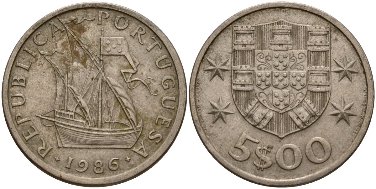Португалия 5 эскудо 1986 KM 591 медно-никель 4156-556